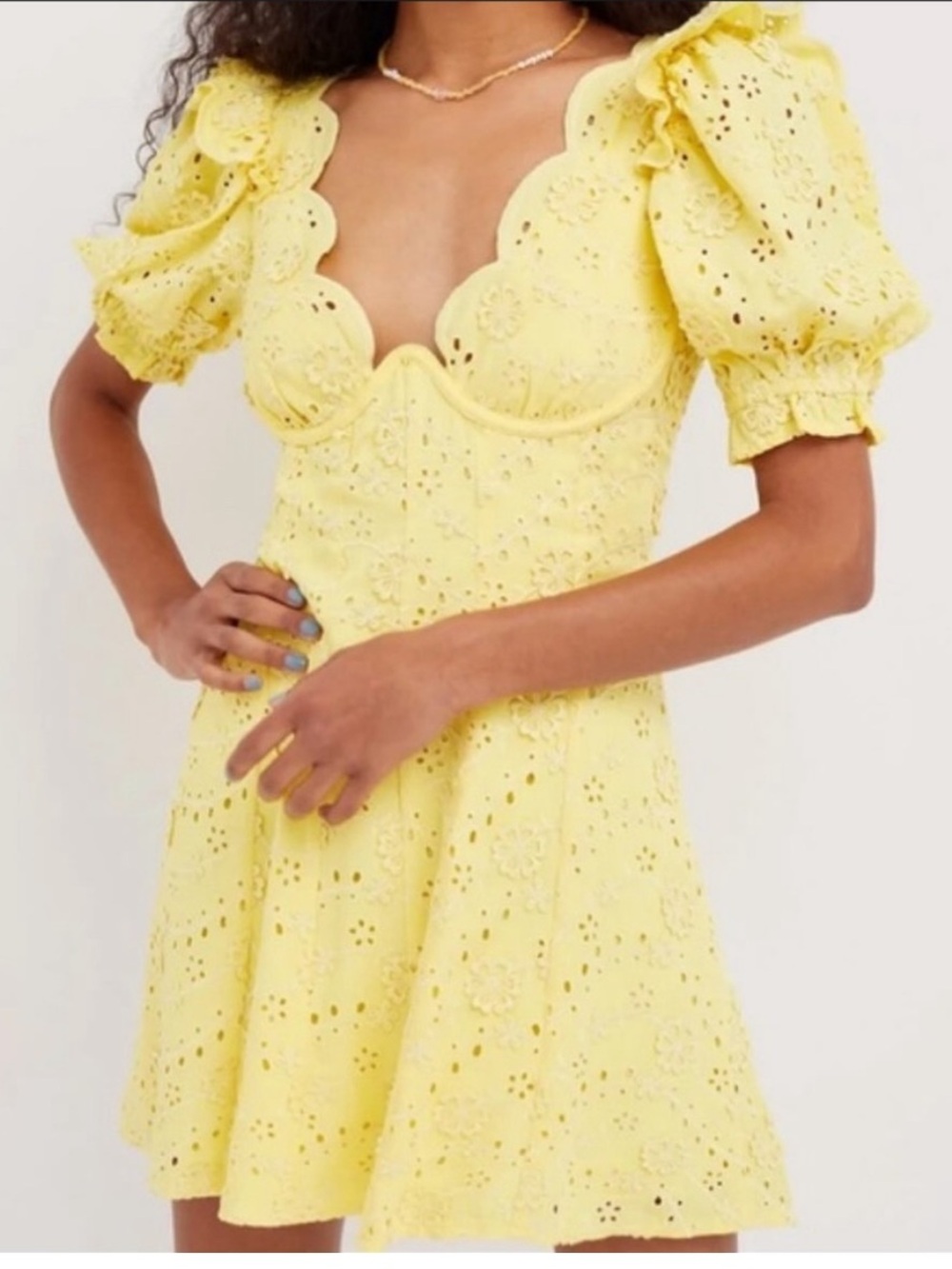 For Love & Lemons Yellow Natalia Puff Sleeve Mini Dress Medium flower